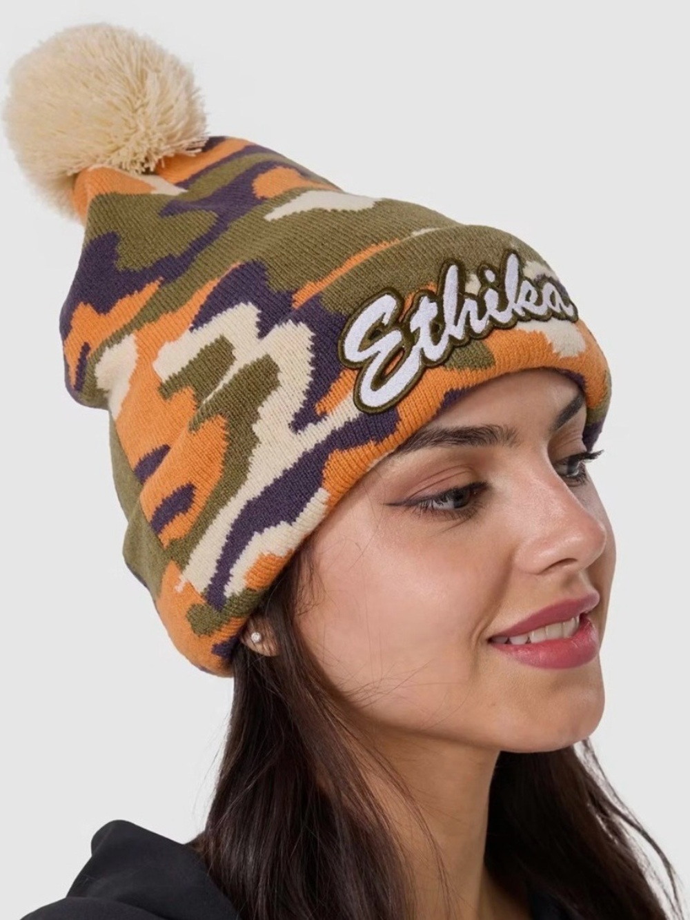 Ethika Camo Pom Beanie - Orange, Cream, Olive & Purple